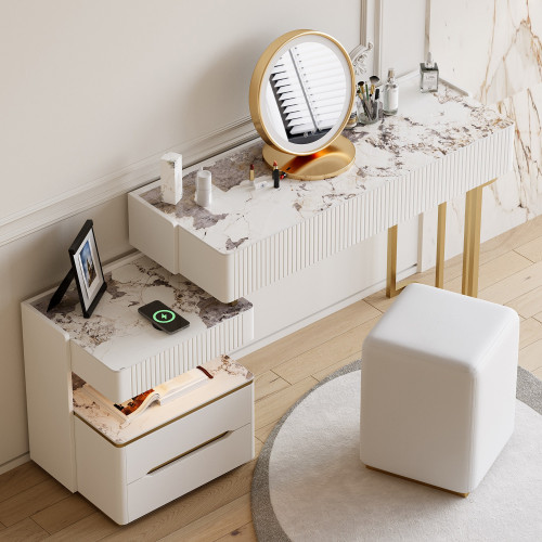 HMR Vailora Modern Makeup Vanity Set with Charging Station Light Bluetooth Speakers - White