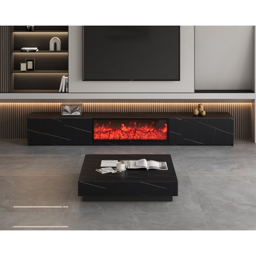 HMR Sintered Stone Electric Fireplace TV Stand & Coffee Table Set - Black, 78.7"W x 15.4"D x 15.4"H
