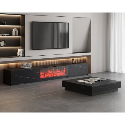 HMR Sintered Stone Electric Fireplace TV Stand & Coffee Table Set - Black, 78.7"W x 15.4"D x 15.4"H