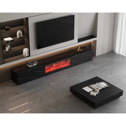 HMR Sintered Stone Electric Fireplace TV Stand & Coffee Table Set - Black, 78.7"W x 15.4"D x 15.4"H