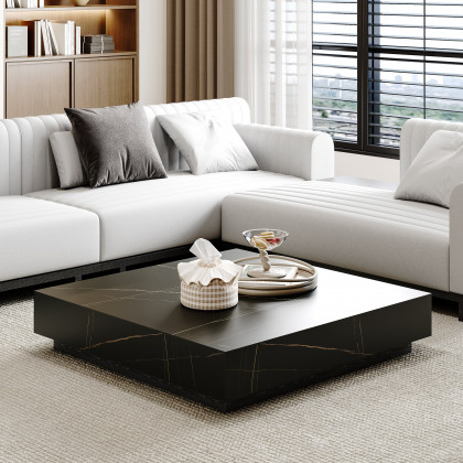 HMR Sintered Stone Electric Fireplace TV Stand & Coffee Table Set - Black, 78.7"W x 15.4"D x 15.4"H
