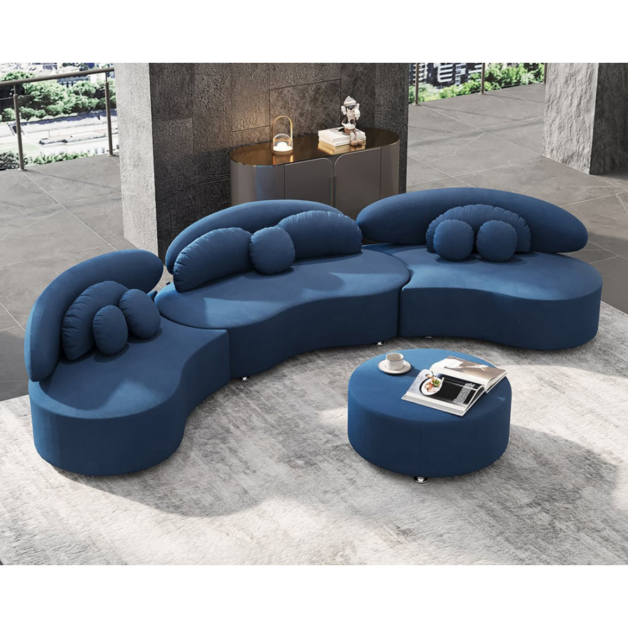 HMR Curved Sectional Sofa with Ottoman & Pillows - Blue, Velvet, 145.7"L x 31.5"W x 30.7"H