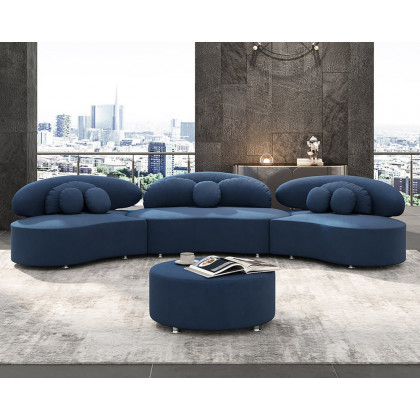 HMR Curved Sectional Sofa with Ottoman & Pillows - Blue, Velvet, 145.7"L x 31.5"W x 30.7"H