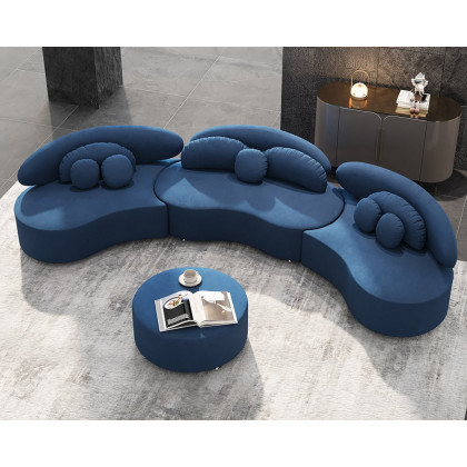 HMR Curved Sectional Sofa with Ottoman & Pillows - Blue, Velvet, 145.7"L x 31.5"W x 30.7"H