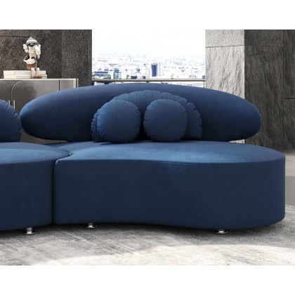 HMR Curved Sectional Sofa with Ottoman & Pillows - Blue, Velvet, 145.7"L x 31.5"W x 30.7"H