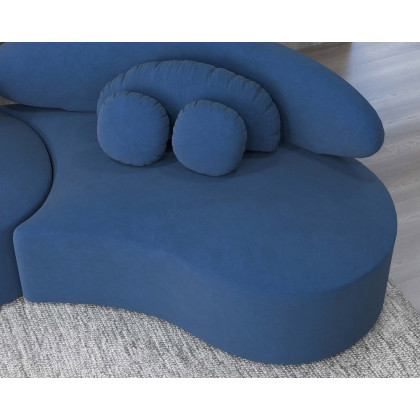 HMR Curved Sectional Sofa with Ottoman & Pillows - Blue, Velvet, 145.7"L x 31.5"W x 30.7"H