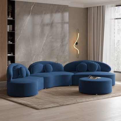HMR Curved Sectional Sofa with Ottoman & Pillows - Blue, Velvet, 145.7"L x 31.5"W x 30.7"H