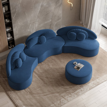HMR Curved Sectional Sofa with Ottoman & Pillows - Blue, Velvet, 145.7"L x 31.5"W x 30.7"H