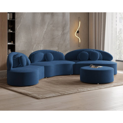 HMR Curved Sectional Sofa with Ottoman & Pillows - Blue, Velvet, 145.7"L x 31.5"W x 30.7"H