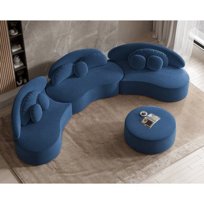 HMR Curved Sectional Sofa with Ottoman & Pillows - Blue, Velvet, 145.7"L x 31.5"W x 30.7"H