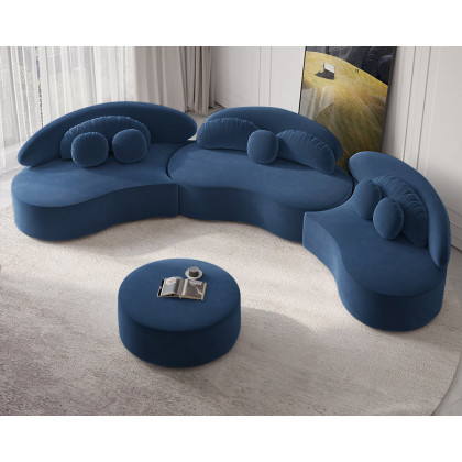 HMR Curved Sectional Sofa with Ottoman & Pillows - Blue, Velvet, 145.7"L x 31.5"W x 30.7"H