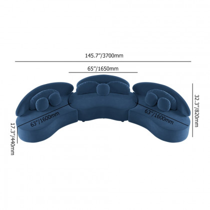HMR Curved Sectional Sofa with Ottoman & Pillows - Blue, Velvet, 145.7"L x 31.5"W x 30.7"H