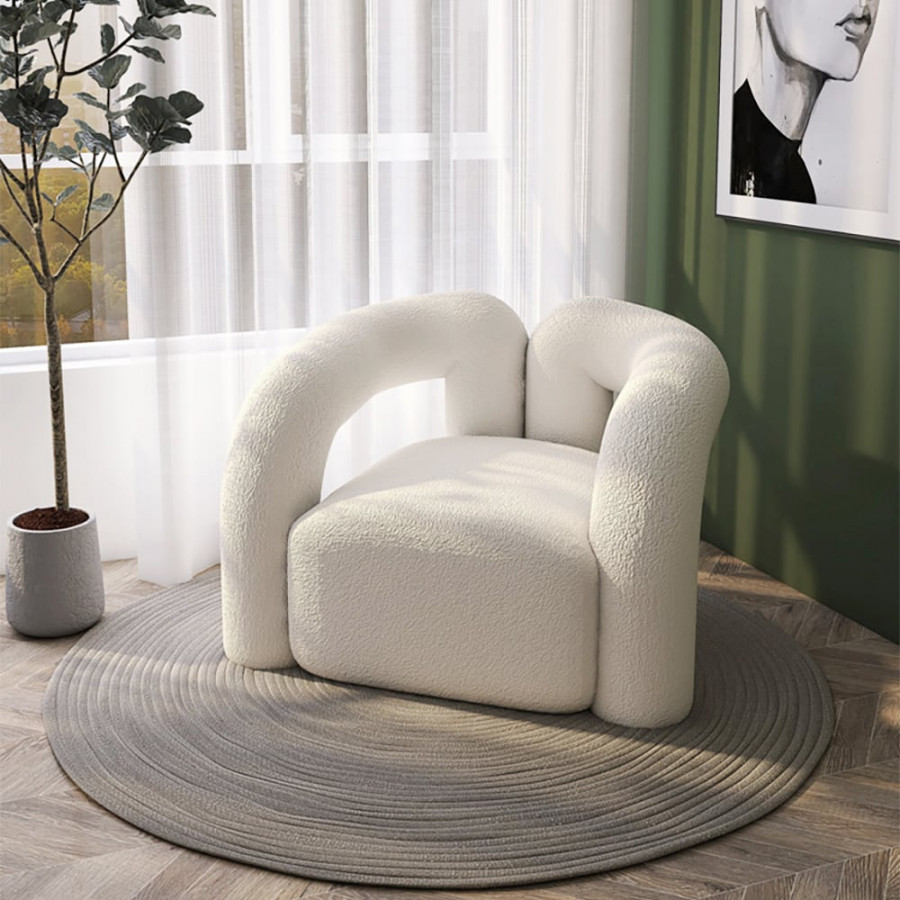 HMR Japandi Boucle Accent Chair Shaggy Armchair for Living Room - White