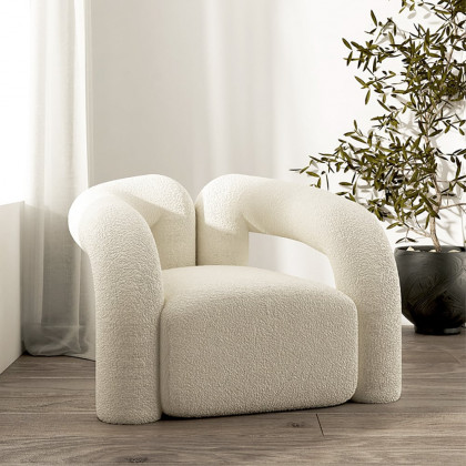 HMR Japandi Boucle Accent Chair Shaggy Armchair for Living Room - White
