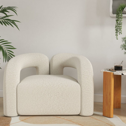 HMR Japandi Boucle Accent Chair Shaggy Armchair for Living Room - White