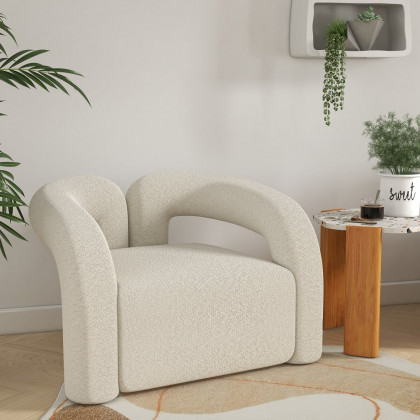 HMR Japandi Boucle Accent Chair Shaggy Armchair for Living Room - White
