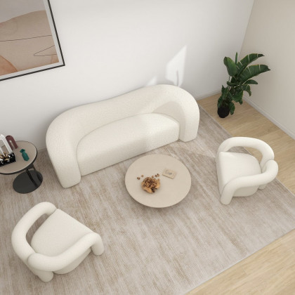 HMR Japandi Boucle Accent Chair Shaggy Armchair for Living Room - White