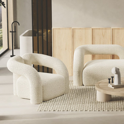 HMR Japandi Boucle Accent Chair Shaggy Armchair for Living Room - White