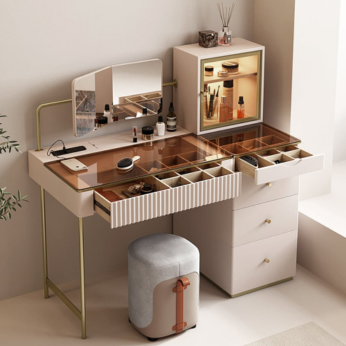 HMR Chanor Makeup Vanity Set Mirrored Dressing Table with Jewelry Storage & Cabinet & Stool - Champagne