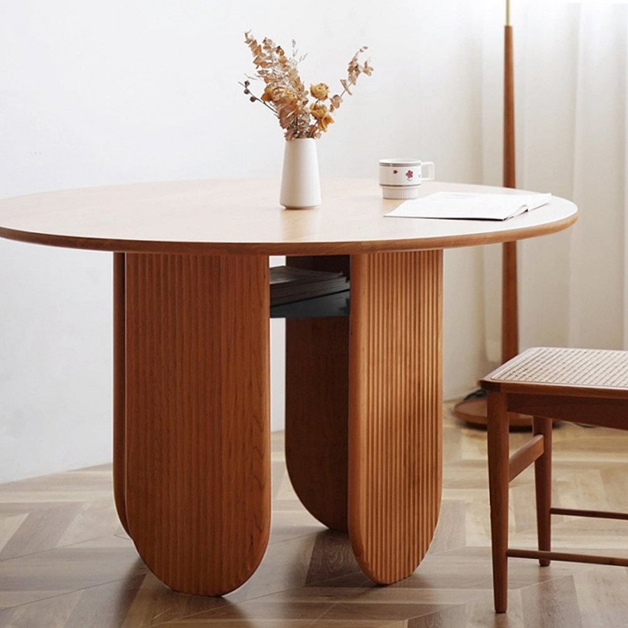 HMR - 35.4" Japandi Round Wood Dining Table with Storage Cherry Seats 2-4 People