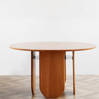 HMR - 35.4" Japandi Round Wood Dining Table with Storage Cherry Seats 2-4 People