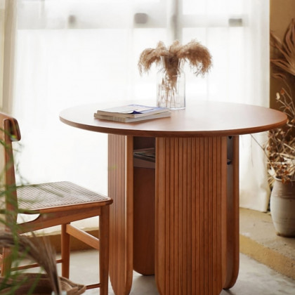 HMR - 35.4" Japandi Round Wood Dining Table with Storage Cherry Seats 2-4 People