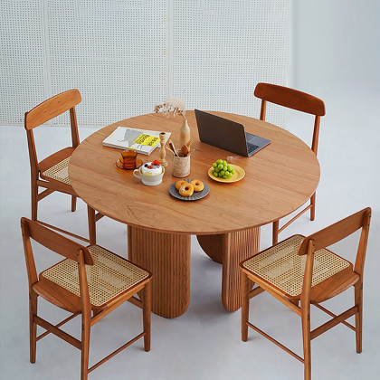 HMR - 35.4" Japandi Round Wood Dining Table with Storage Cherry Seats 2-4 People