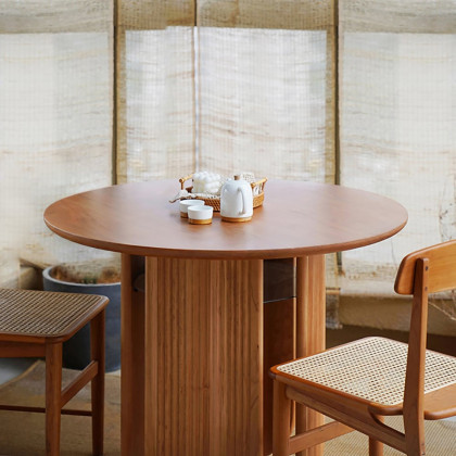 HMR - 35.4" Japandi Round Wood Dining Table with Storage Cherry Seats 2-4 People