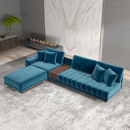 HMR 126" L-Shaped Modular Sectional with Chaise & Ottoman - Blue, Velvet