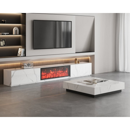 HMR Sintered Stone Electric Fireplace TV Stand & Coffee Table Set - White, 78.7"W x 15.4"D x 15.4"H