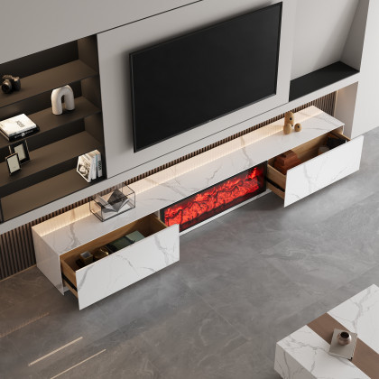 HMR Sintered Stone Electric Fireplace TV Stand & Coffee Table Set - White, 78.7"W x 15.4"D x 15.4"H