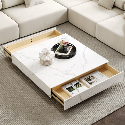 HMR Sintered Stone Electric Fireplace TV Stand & Coffee Table Set - White, 78.7"W x 15.4"D x 15.4"H