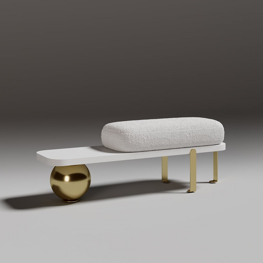 HMR Wooden Entryway Bench Fleece Upholstered with Abstract Metal Legs - White/Gold
