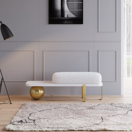HMR Wooden Entryway Bench Fleece Upholstered with Abstract Metal Legs - White/Gold