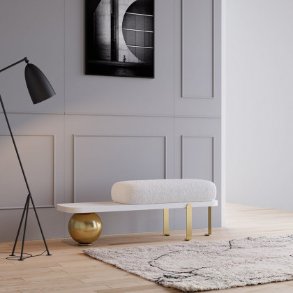 HMR Wooden Entryway Bench Fleece Upholstered with Abstract Metal Legs - White/Gold
