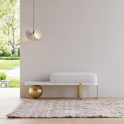 HMR Wooden Entryway Bench Fleece Upholstered with Abstract Metal Legs - White/Gold