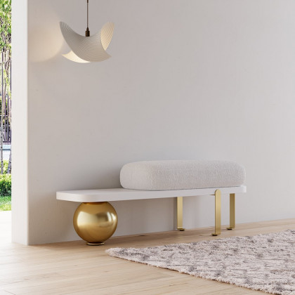 HMR Wooden Entryway Bench Fleece Upholstered with Abstract Metal Legs - White/Gold