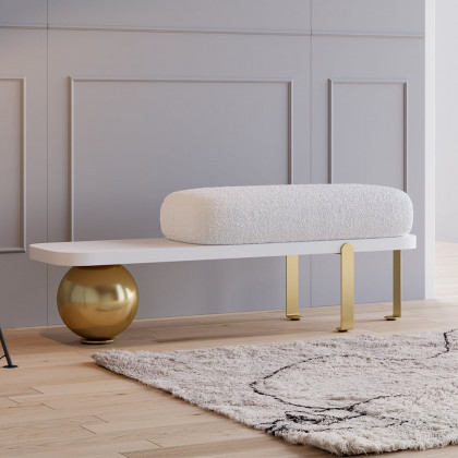 HMR Wooden Entryway Bench Fleece Upholstered with Abstract Metal Legs - White/Gold