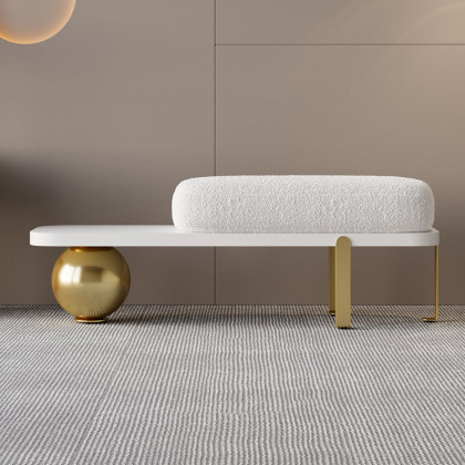 HMR Wooden Entryway Bench Fleece Upholstered with Abstract Metal Legs - White/Gold