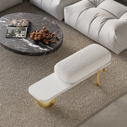 HMR Wooden Entryway Bench Fleece Upholstered with Abstract Metal Legs - White/Gold