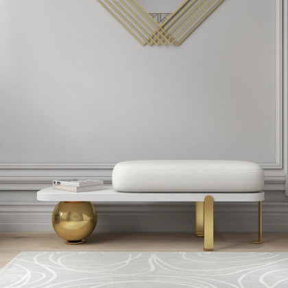 HMR Wooden Entryway Bench Fleece Upholstered with Abstract Metal Legs - White/Gold