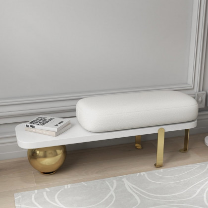HMR Wooden Entryway Bench Fleece Upholstered with Abstract Metal Legs - White/Gold