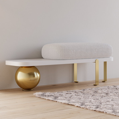 HMR Wooden Entryway Bench Fleece Upholstered with Abstract Metal Legs - White/Gold
