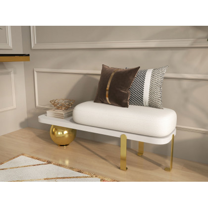 HMR Wooden Entryway Bench Fleece Upholstered with Abstract Metal Legs - White/Gold