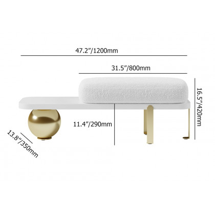 HMR Wooden Entryway Bench Fleece Upholstered with Abstract Metal Legs - White/Gold