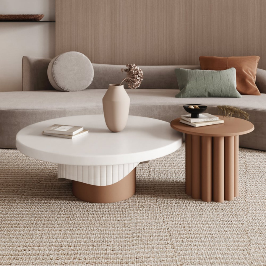 HMR - Yarnic 2-Piece Round Wood Coffee Table Set with Fluted Base in White & Walnut