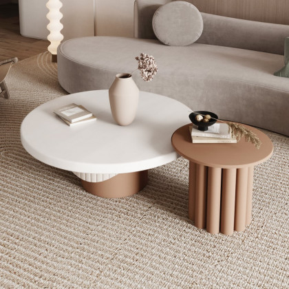 HMR - Yarnic 2-Piece Round Wood Coffee Table Set with Fluted Base in White & Walnut