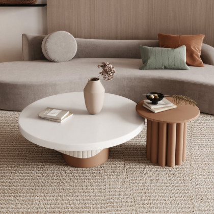 HMR - Yarnic 2-Piece Round Wood Coffee Table Set with Fluted Base in White & Walnut