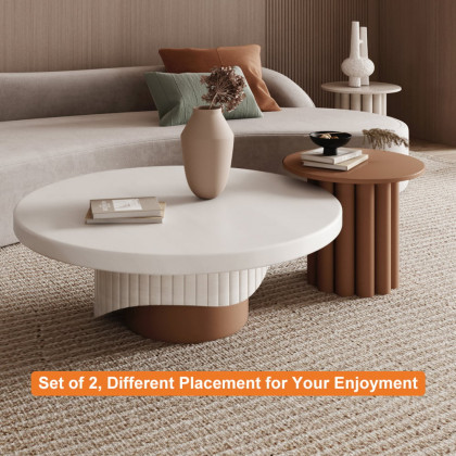 HMR - Yarnic 2-Piece Round Wood Coffee Table Set with Fluted Base in White & Walnut