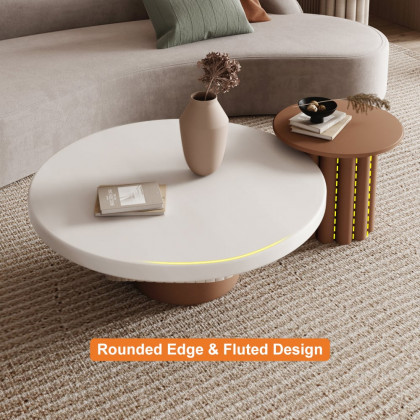 HMR - Yarnic 2-Piece Round Wood Coffee Table Set with Fluted Base in White & Walnut